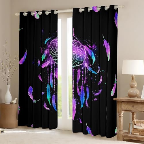 Homemissing Dreamcatcher Curtains (2 Panels,W52*L63) For Bedroom Kids Girls Boys Boho Dream Catcher Decor Window Curtain Feather Print 30%-50% Blackout Curtains Bird Feathers Element Window Treatments - Image 2