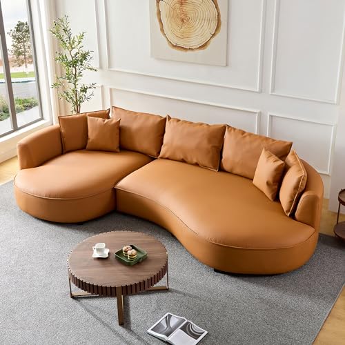 Image of KEIKI 129 inch Curved Oversized Modular Bonded Leather Sectional Sofa with Left Chaise, 4 Pillows, 3 Back Cushion, Modern Comfy 5-Seater Couch, Easy Assembly, for Apartment, Living Room, Orange