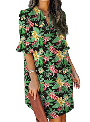 QACOHU Womens V Neck Ruffle Short Sleeve Simple Solid Color Casual Summer Dress, C-black Green, M