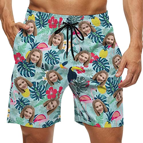 Custom Face Men's Stretch Swim Trunks with Flamingo Tropical Leaves Quick Dry Drawstring Elastic Trunks Beach Shorts
