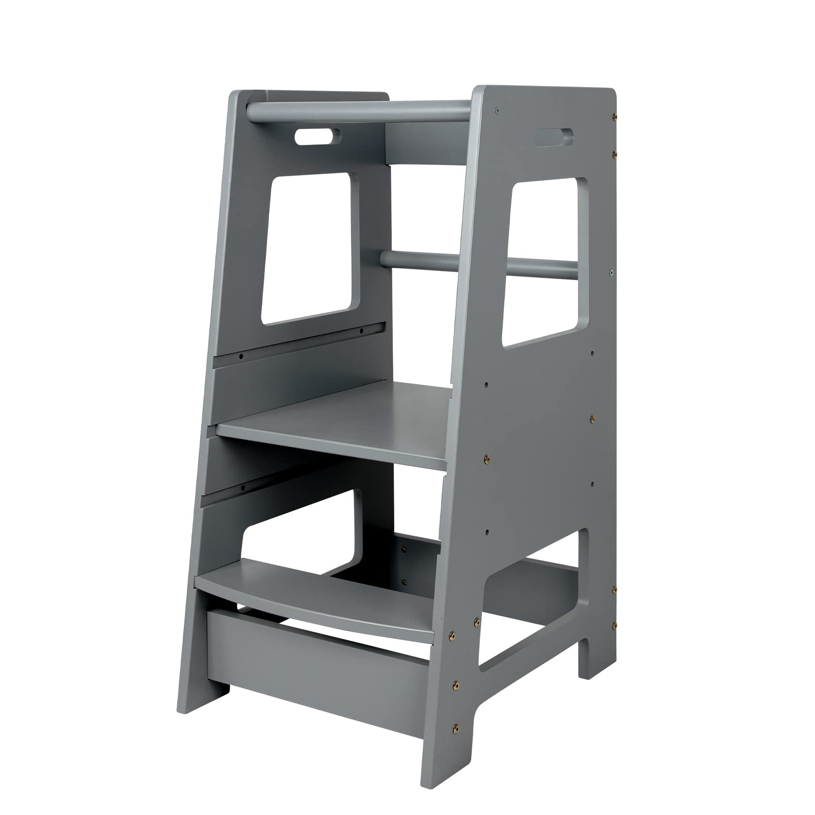 ECOMEX Toddler Standing Tower Toddler Kitchen Stool Helper Adjustable Height Learning Stool Tower, Toddler Standing Tower Removable Anti-Drop Safety Rail Stool for Bedroom, Bathroom, Grey