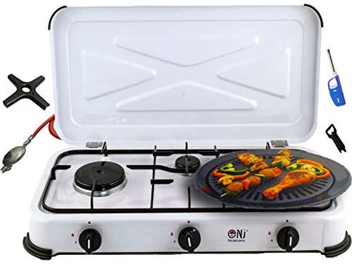 Campingkocher 3 flammig Gaskocher Gasgrill 4,25 KW mit Deckel Gasherd Kochfeld + Grillplatte + Phönix Gasherdkreuz + Gasschlauch-Regler Set