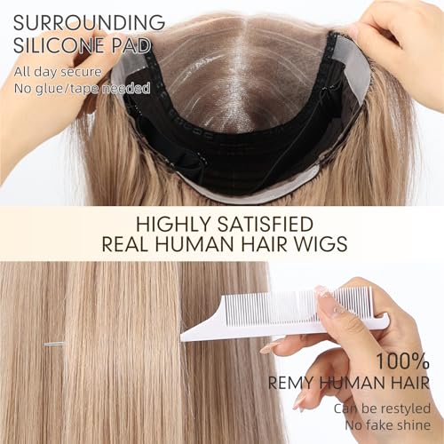 Image of KKU 5x5 Lace Front Human Hair Wig,Real Hair Wigs for Women,Glueless,Non-Slip Silicone Pads and Skin-Friendly Cap(16 Inch, Ash Blonde)