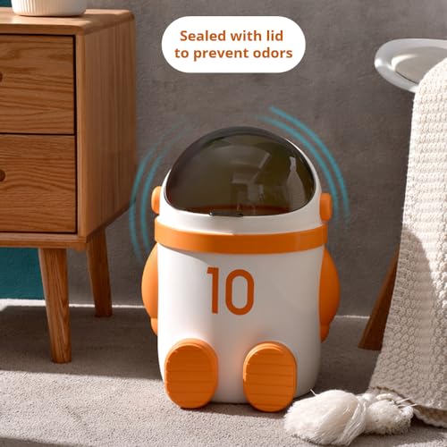 Image of Sylfaen Astronaut Shaped Trash Can with Lid, 12 Liter / 3.2 Gallon Garbage Can for Living Room, Office, Kitchen, Bedroom, Bathroom (Khaki)