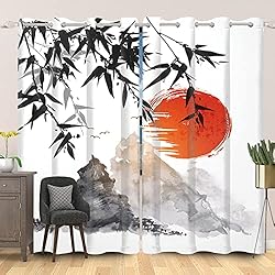 Paneles Japoneses Para Habitaciones Juveniles SDOTPMT 107x215cm Japonés Clásico Tinta Cuadro Cortina de Ventana Monte Fuji Rojo Sol Bambú Sale de Cortinas de Ventana Oriental Cortinas Opacas para Salón Dormitorio Cortinas Opacas, 2 Paneles