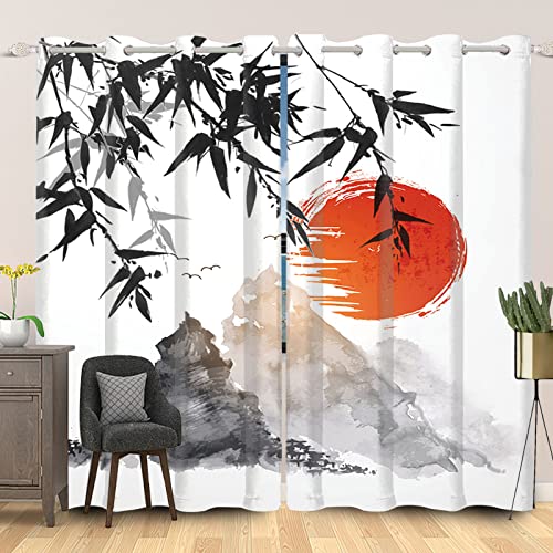 SDOTPMT 107x215cm Japonés Clásico Tinta Cuadro Cortina de Ventana Monte Fuji Rojo Sol Bambú Sale de Cortinas de Ventana Oriental Cortinas Opacas para Salón Dormitorio Cortinas Opacas, 2 Paneles