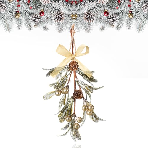 Giegxin 1 Piece Christmas Artificial Mistletoe Ornament with Red Bow