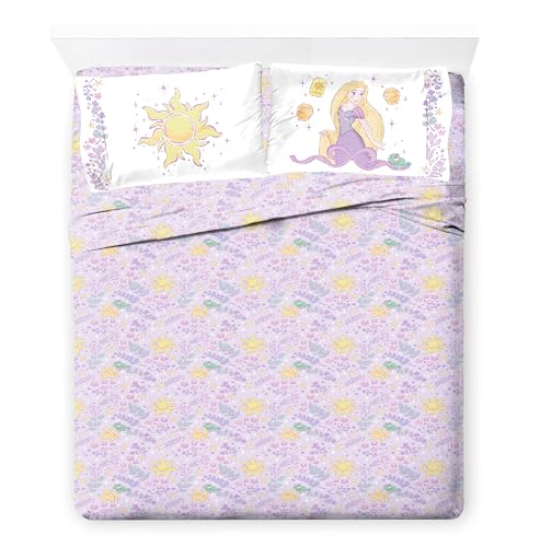 Image of Disney Princess Rapunzel Queen Comforter Set 7 Piece Kids Bedding, Purple | Bed in a Bag, Comforter Sheets Shams Pillowcases, Official Brand, Soft Microfiber, Machine Washable, Girls Gift