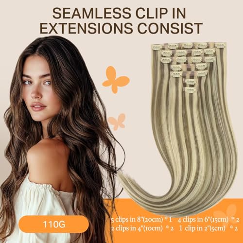 Image of DOORES Human Hair Extensions Clip in, Light Brown Highlighted Medium Blonde 110g 7pcs 22 Inch, Seamless Clip in Hair Extensions Remy Hair Thin Weft Straight Hair Invisi Edge Hair Extensions