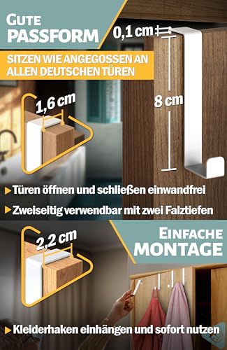 Menz Türhaken zum Einhängen - 10 Stück robuste Kleiderhaken Tür in Weiß, einzeln verwendbare Haken zum Einhängen, formstabile Türhakenleiste, Türgarderobe mit hoher Tragkraft