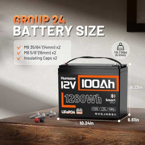 Image of 2 Pack 12V 100Ah LiFePO4 Lithium Battery with Bluetooth (Group 24) | 15000+ Deep Cycles, Built-in 100A BMS & Low-Temp Protection, Max. 1280Wh Energy for RV /Boat /Off-Grid /Solar System /Home Backup