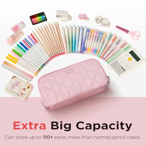 Image of Sooez Large Pencil Case Pouch, Extra Big Pencil Bag with 8 Compartments, Pen Bag Wide Opening, Soft Quilted Pencil Pouch Organizer with Zipper, Portable Pencil Case for Teen Girls, Blush