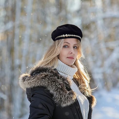 Minache Women Girls Black Velvet Beret Pearls French Beret Solid Color Artist Hat Winter Warm Beanies Hats - Image 2