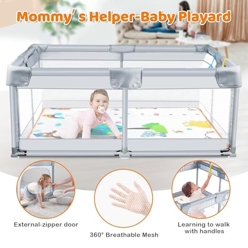 Image of Playpen 150 x 180 cm for Toddlers & Kids up to 5 Years with Pit Balls and 2 Anti-Fall Grasp Rings, Playard with Safety Lock & Suction Cup (No Mat, Non-Foldable) -Grey