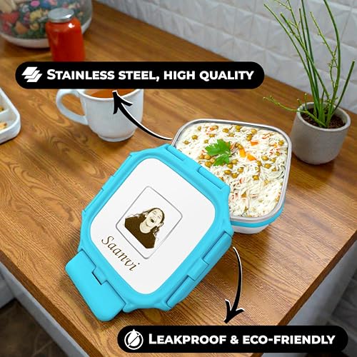 Image of SAVRI Personalized Stainless Steel Lunch Box for Kids - Customized Laser Photo & Name Printed | Square Food Storage Tiffin Box Lunch Box for Baby, Toddler & Children. (Blue)