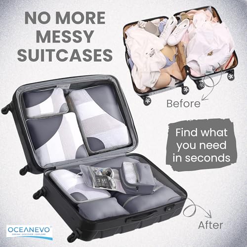 Image of OCEANEVO Set of 10 Pcs Packing Cubes for Travel | Includes Luggage Tag and Toothbrush Holder | Suitcase Organizer for Travelling for Clothes, Shoes and Lingerie | Model 3.0 - Grey - 1 Year Warranty