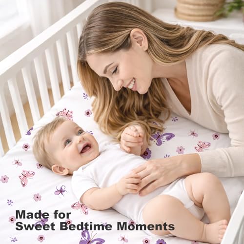 Image of Bimocosy Crib Sheets 4 Pack, Baby Crib Sheets Fitted for Boys and Girls Breathable & Snug Fit, Soft Toddler Bed Sheets for Standard Crib Mattress Nursery Daycare Essentials, Butterfly Meadow