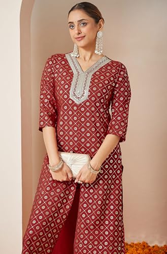 Image of Janasya Women's Maroon Chanderi Silk Embellished Gold Printed Front Slit Kurta Pant Set