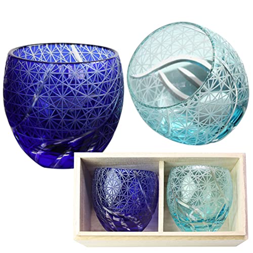 Kiriko Guinomi Cup Pair Set, Kiriko Glasses, Paulownia Box, Gift Box, Boar Mouth, Pair Glasses, Dishwasher Safe, Gift Set, Gift, Mother's Day, Father's Day (Cobalt Blue/Lake Blue) : Home & Kitchen