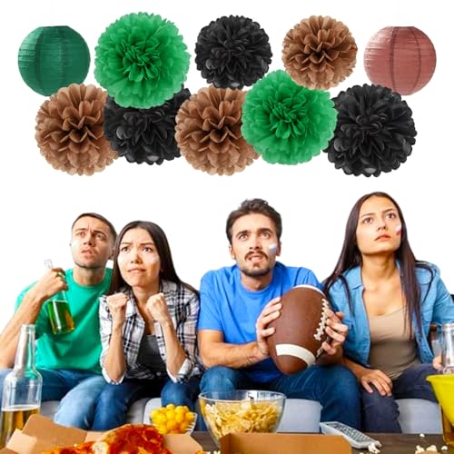 Image of Football Party-Decorations Paper-Flowers - 15pcs Green Brown Black Tissue Pom Poms Lanterns Streamers,Birthday Baby Shower Bachelorette Hanging Supplies Decor Hugfond