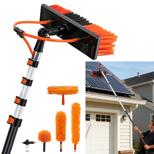 Up to 26FT Reach Water Fed Pole Cleaning Kit 20FT Telescopic Extension Pole with Adjustable Brush Head & Soap Bottle for Windows Solar Panels Walls Roofs Gutters & Exterior Surfaces
