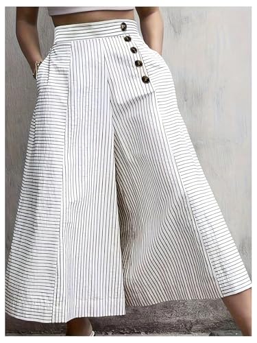 SHENHE Women's Striped Wide Leg Pants Culottes Elastic High Waisted Casual Palazzo Pants3