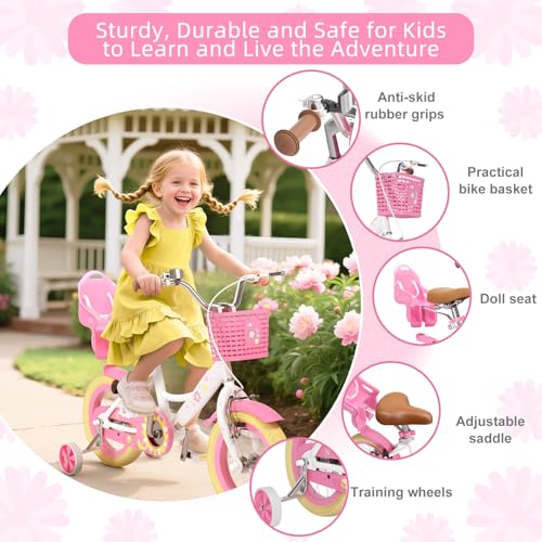 Image of Glaf Toddler Girls Bike for Age 2-9 Years 12 14 16 20 Inch Kids Bike | Girls Bicycle,Toddler Bike,Doll Seat, Basket, Adjustable Seat, Bell,