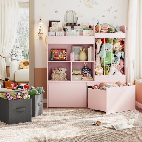 Image of 42.9'' Stuffed Animal Storage with Kids Bookshelf, Large Toy Storage with Toy Chest and Play Mat, Wooden Organization with 2 Movable Drawers, 3 Tier Bookshelf for Nursery Kids Room Playroom,Pink