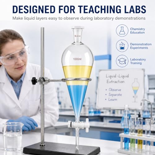 Image of Tellegloww 1000 ml Heavy Wall Conical Separating Funnel Borosilicate Glass | Separatory Funnel, 24 /40 Taper Joint, Ptfe Stopcock, Liquid Extraction, Essential Chemistry Lab Glassware