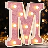 DyingSwan Led Light Up Letters, Pink Marquee LED Letter Lights 26 Alphabet, Small Pink Lighted Letters, Battery Powered Glitter Letters with Lights for Party, Table, Wall Decor（Letter M