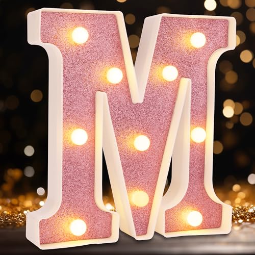 Image of Small Led Marquee Letters, Light Up Letters, 8.58 Inch Led Letter Lights, Battery Powered Lighted Sign for Table, Party, Birthday, Christmas Decor (Pink Glitter, Letter M)