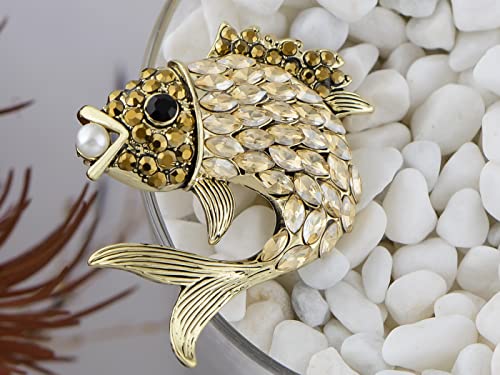 Image of Alilang Women's Gold Toned Gunmetal Champagne Rhinestone Crystals Faux Pearl Fish Lapel Pin Brooch