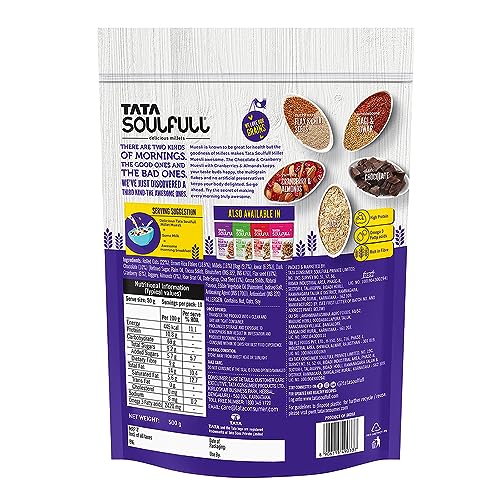 Image of Tata Soulfull Millet Muesli, Chocolate & Cranberry, 500g, 20% Almonds, Seeds & Cranberry Breakfast Cereal, Dark Chocolate, High Protein