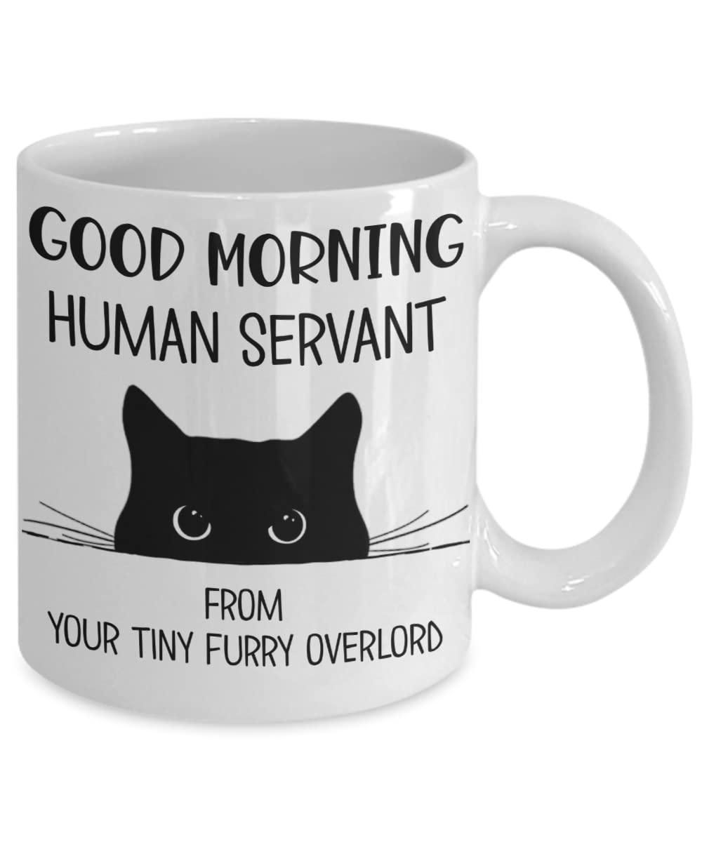 Personalized Funny Cat Mug Good Morning Human Servant Your Tiny Furry Overlord Mug Gifts For Cat Lover, Cat Dad, Cat Mom, Pet Lovers Gifts Coffee 11 15 Oz Mug, Pet Coffee