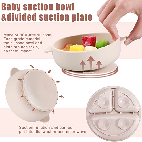 3 Sets Baby Led Weaning Supplies, Silicone Baby Feeding Set With Divided Plate Adjustable Bib Suction Bowl With Lid Snack Cup Soft Spoon Fork, Toddler Self Eating Utensil (Beige, Orange, Mint) #TOP3