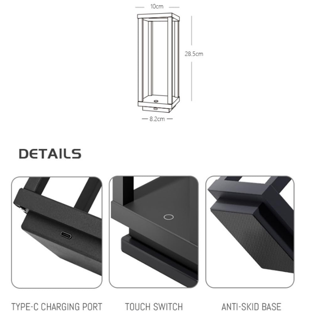 LED Laterne Tischlampe Kabellos Akku, Quadratische Tischlampe Dimmbar mit Touch Control Tragbare Tischleuchte Batteriebetrieben Deko Nachttischlampe USB Aufladung lnnen Lampe Außen,Schwarz