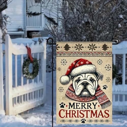 Image of BlissYard Christmas Garden Flag 12x18 Inch Bulldog Santa Hat Yard Decor