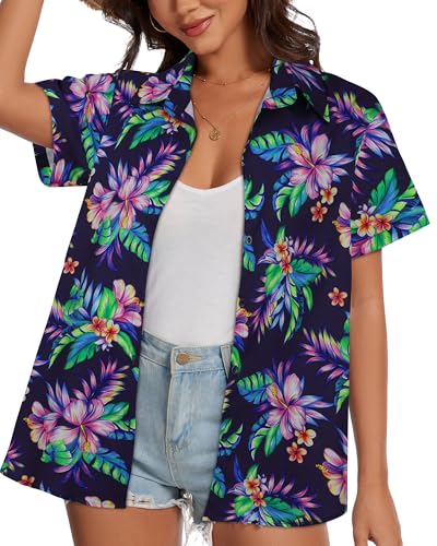 Image of Women Hawaiian Shirt Button Down Summer Tops Beach Short Sleeve Blouse