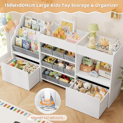 HOCSOK Toy Storage Unit, 3-Tier Kids Bookshelf, Toy Organiser with 8 Fabric Bins, 3 Open Shelves, 2 Wheeled Drawers, Kids Storage Units for Nursery, Playroom, Bedroom, White 158x80x29.7cm - Image 3
