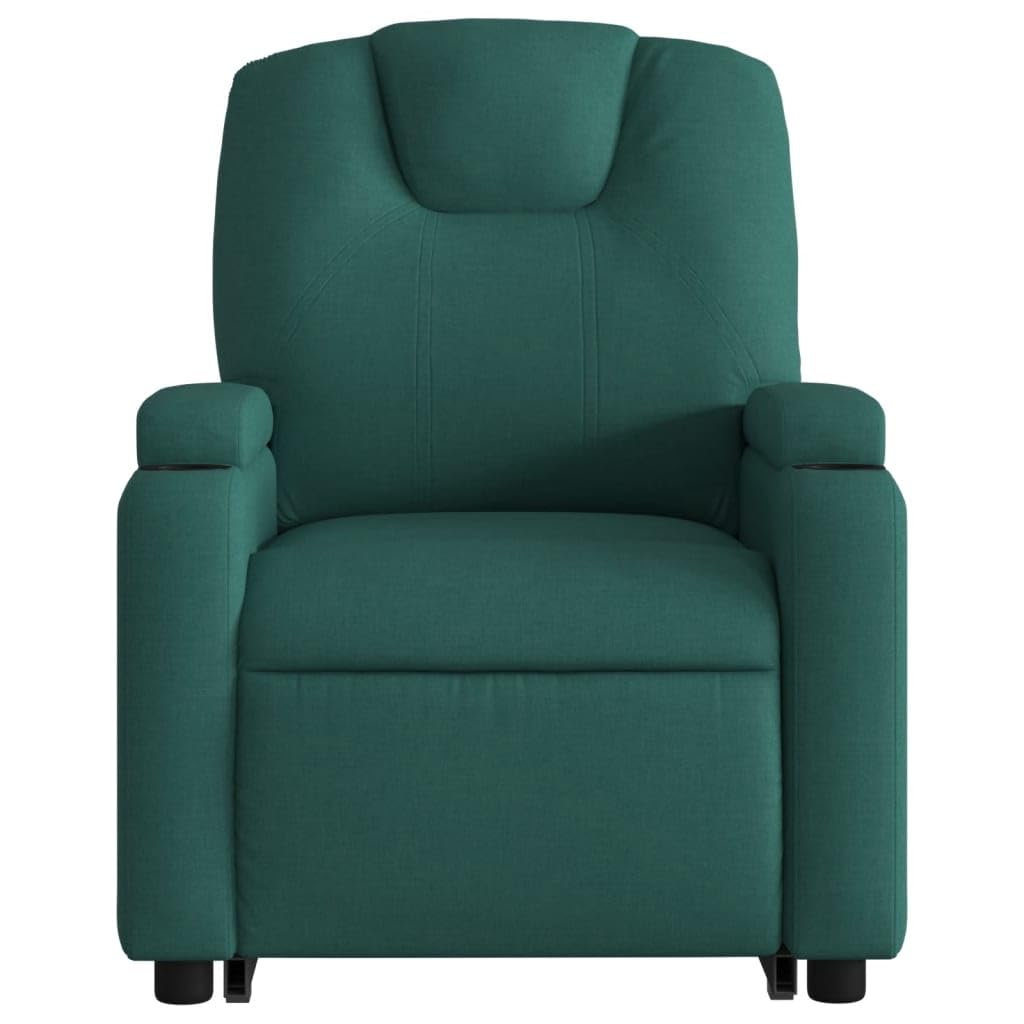 Sillón elevador reclinable verde oscuro de tela con motor eléctrico y función manual, asiento acolchado y estructura estable, cómodos portavasos y bolsillo lateral