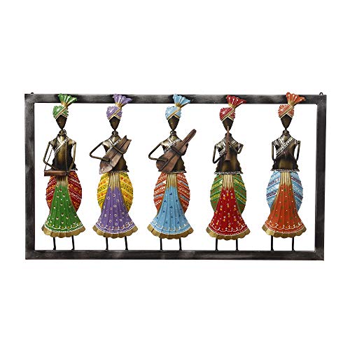 Image of Ecraftindia Set of 5 Tribal Women Playing Different Musical Instruments Colorful Decorative Iron Wall Hanging, Orange, Blue, Green, Brown and Purple, One Size (Irlady506)