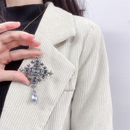 Image of Vintage Cross Rhinestones Pearl Teardrop Brooches Lapel Pins for Women Girls Dainty Boho Crystal Pin Dress Suit Bouquet Ceremony Accessories Jewelry Valentine's Day Gifts