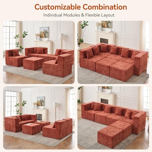Image of MONVANE Modular Sectional Cloud Couch for Living Room - 130'' 6 Seater Convertible Chenille Couches Set with Ottoman, No Assembly Compression Sofas, Comfy Floor Sofa with Memory Foam, Rust Red