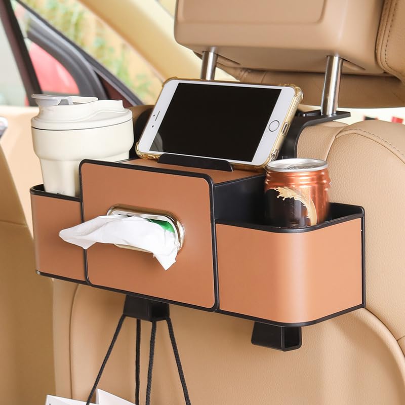 Car Back Seat Organizer for Renault Captur Duster Kadjar Megane RS, Multifunctional Car Back Seat Storage Box with Drink Cup Holder Tissue Box and Storage Hook, Car Accessories, D Brown
