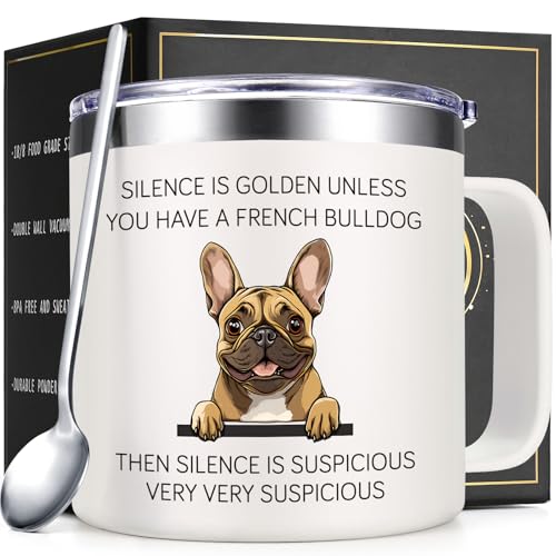 Lifecapido French Bulldog Gifts, Silence is Golden Unless You Have A French Bulldog 14 oz Insulated Coffee Mug, Frenchie Gifts, Birthday Christmas Gift for Dog Lovers, White