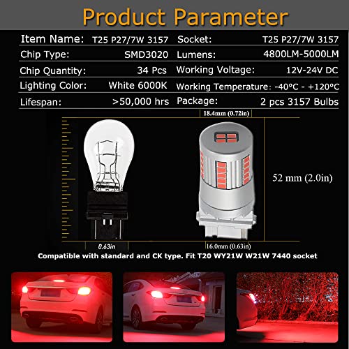 Eluseastar T25 3157 P27/7W Led Bulbs Red Built In Resistor With 34Led-Smd3020 Chip Extremely Bright For Car Brake Tail Light, 2 Pack #TOP1