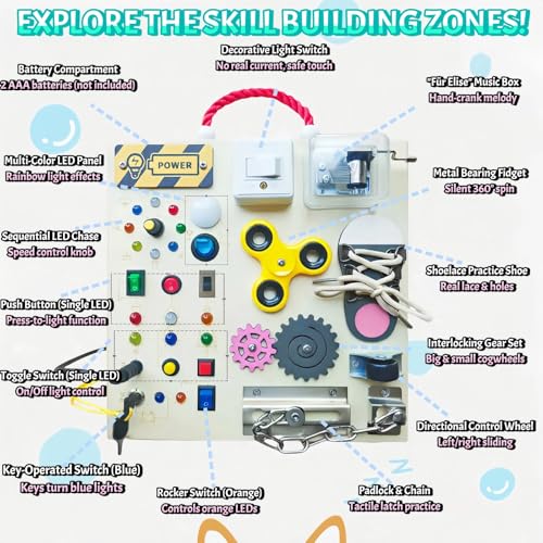 M.Zibos Montessori Busy Board with LED Lights - Wooden Sensory Toy for 1-4 Year Old Toddlers | 10 Switches, Music Box, Spinning, Gears & More | Eco-Friendly Learning Activity Board - Image 7