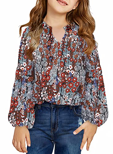 blibean Girl Flower Bell Sleeve Blouse Floral Fall Tops 4-13 Years, A Multicolor, 10-11 Years