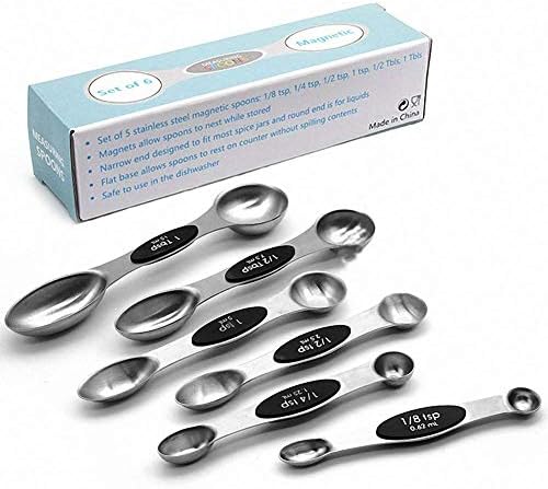 Magnetic Measuring Spoons Set of 6 Stainless Steel Double Sided for Both Dry and Liquid, Professional Quality with Commercial Magnet, Easy/Organized Baking and Cooking