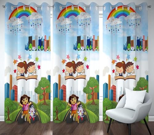 Image of 3D Printed Dora Theme School Curtains for Kids Room /Playschool Window Curtains, 4x9 feet Set of 3 pcs